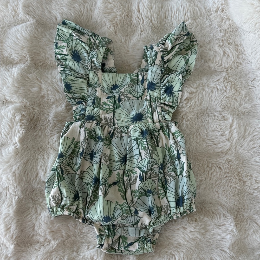 Kate Quinn Aqua Poppies Sz 2T Ruffle Romper